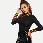 Mock-Neck Striped Rib-Knit Top