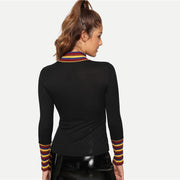 Mock-Neck Striped Rib-Knit Top