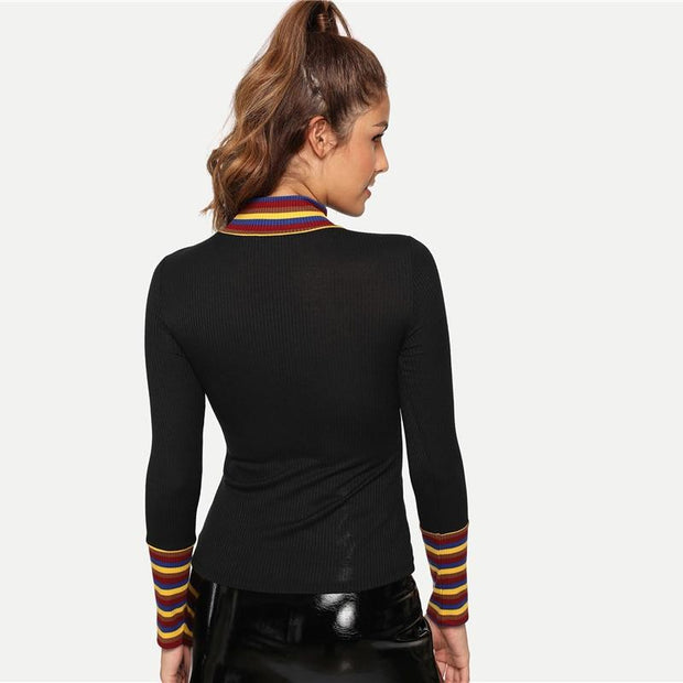 Mock-Neck Striped Rib-Knit Top