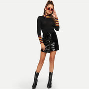 Mock-Neck Striped Rib-Knit Top