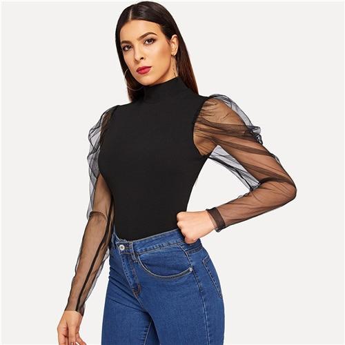Mesh Gigot Sleeve High Neck Top