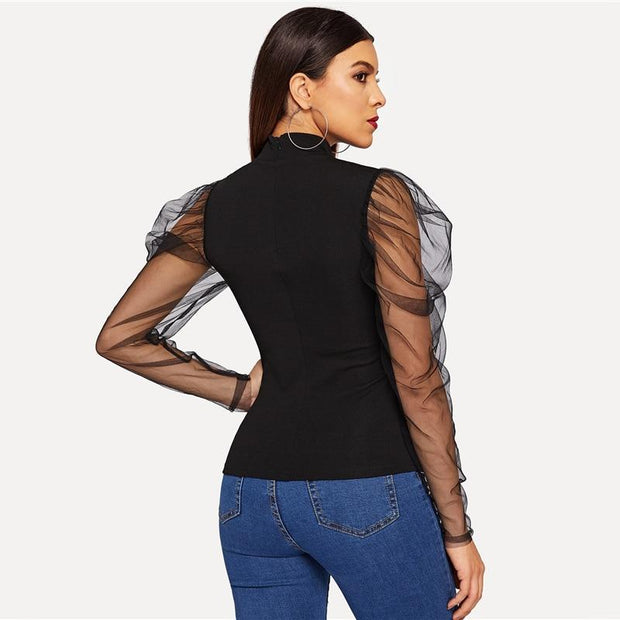 Mesh Gigot Sleeve High Neck Top