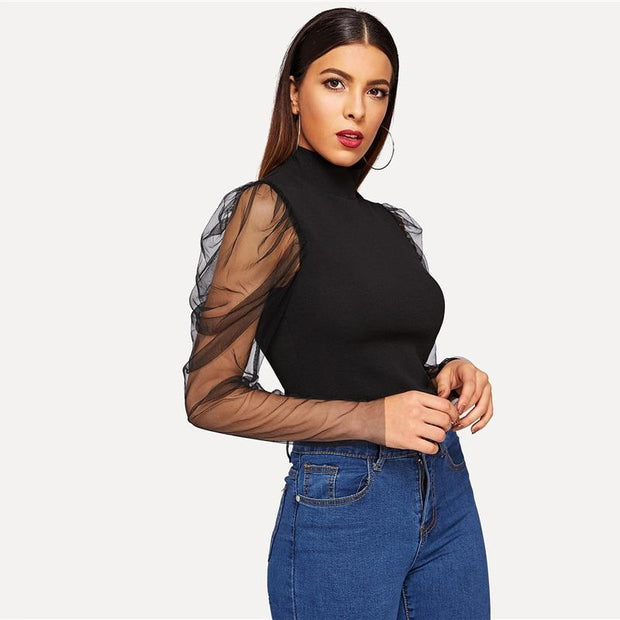 Mesh Gigot Sleeve High Neck Top