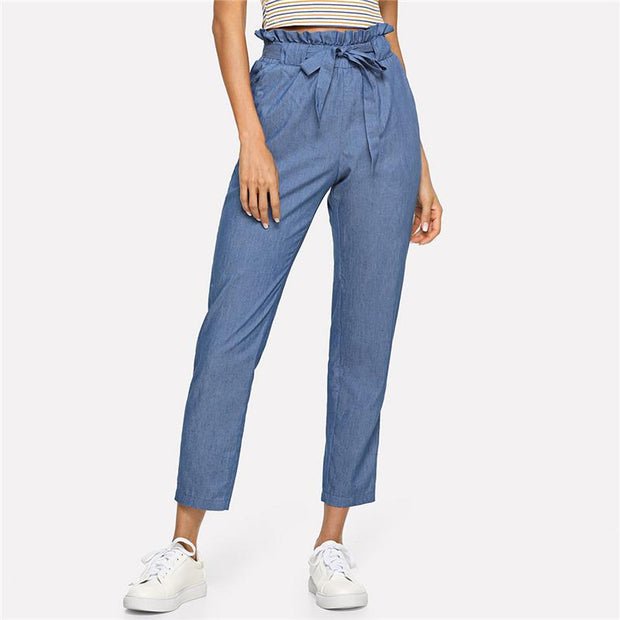 Belted Ruffle Mid Waist Pants
