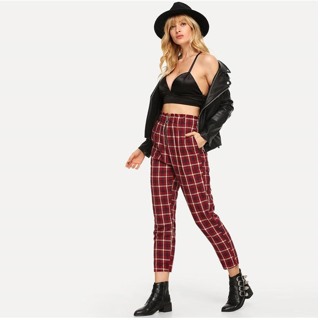 Plaid Pocket Exposed Zip Fly Pants
