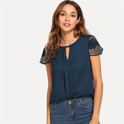 Cutout Lace Contrast Plain Top