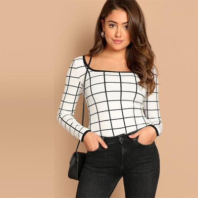 Contrast Binding Grid Scoop Neck Top