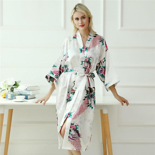 Peacock & Flower Print Self Belted Sleepwear