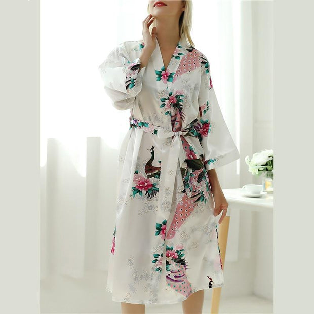 Peacock & Flower Print Self Belted Sleepwear