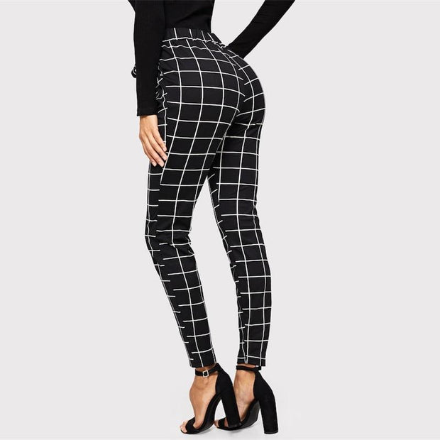 Skinny Grid Pants with Belt