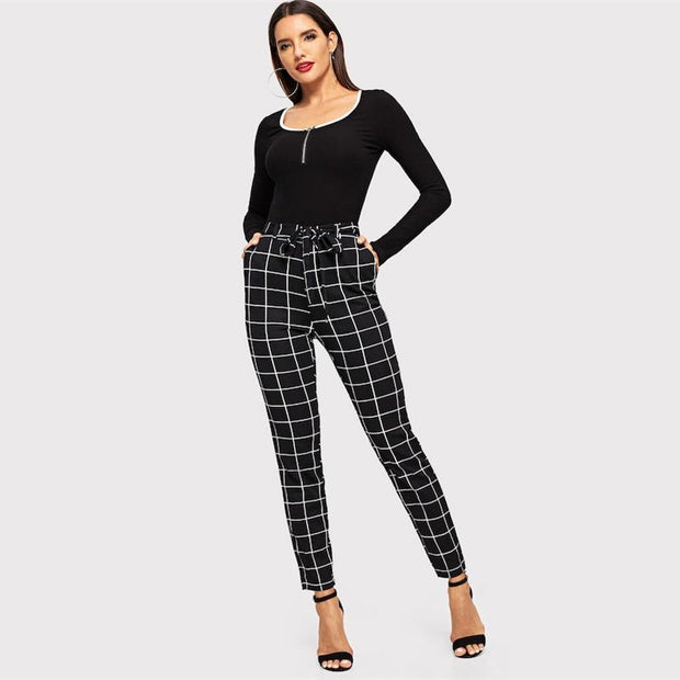 Skinny Grid Pants with Belt