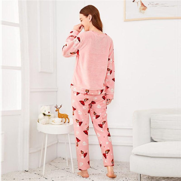 Cartoon Girl Print Plush Pajama Set