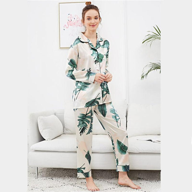 Palm Leaf Print Button Up Pajama Set