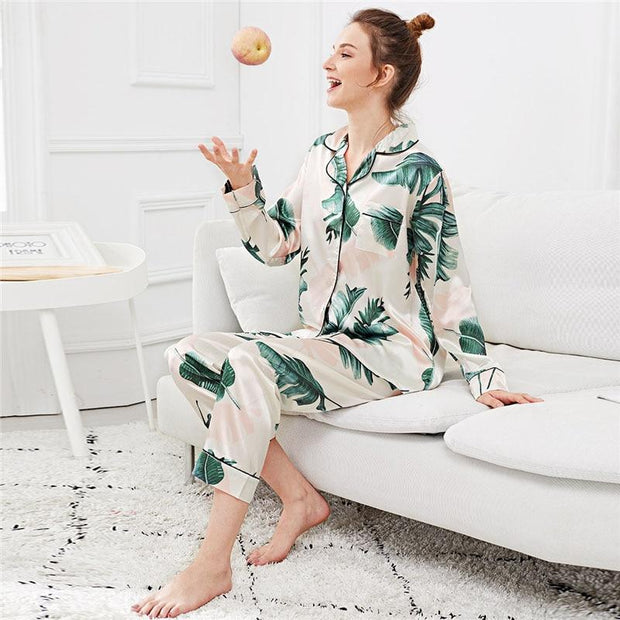 Palm Leaf Print Button Up Pajama Set
