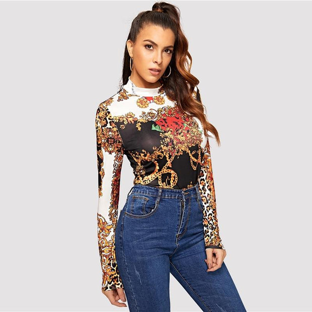 Mock Neck Stand Collar Print Top