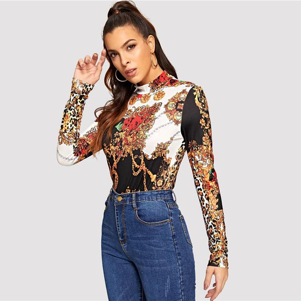 Mock Neck Stand Collar Print Top