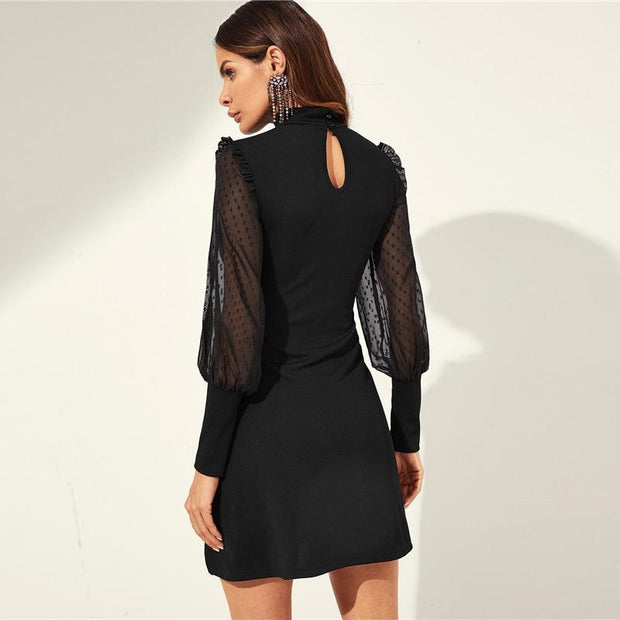 Mesh Sleeve Mock-neck Frill Dress