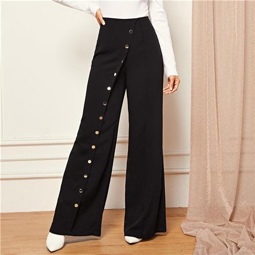 Snap Button Front Wide Leg Pants