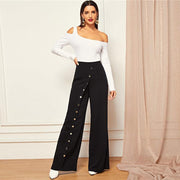 Snap Button Front Wide Leg Pants