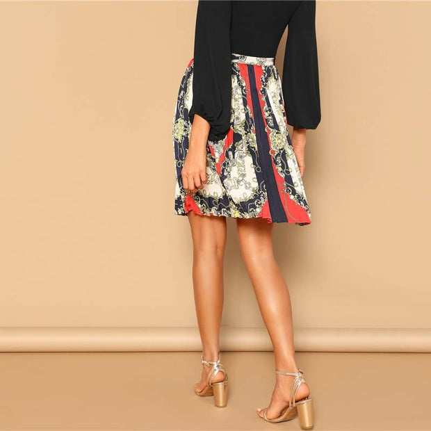 Vintage Scarf Print Pleated Skirt