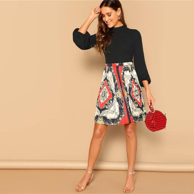 Vintage Scarf Print Pleated Skirt