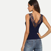 Sheer Lace Trim Double V-Neckline Top