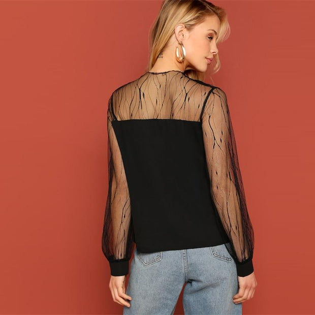 Sheer Contrast Mesh Yoke Top