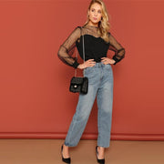 Sheer Contrast Mesh Yoke Top