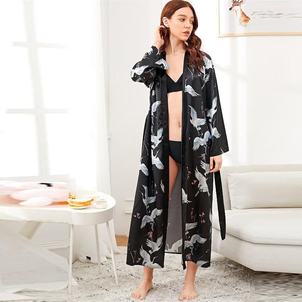 Crane Print Satin Longline Robe Sleepwear