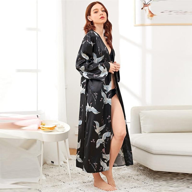 Crane Print Satin Longline Robe Sleepwear