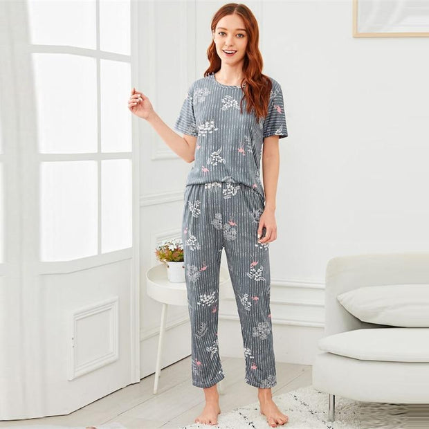 Flamingo & Leaf Print Striped Pajama Set