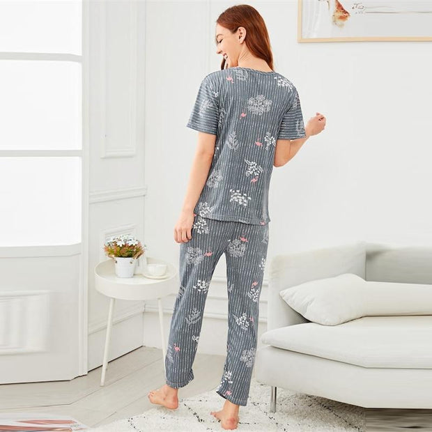 Flamingo & Leaf Print Striped Pajama Set