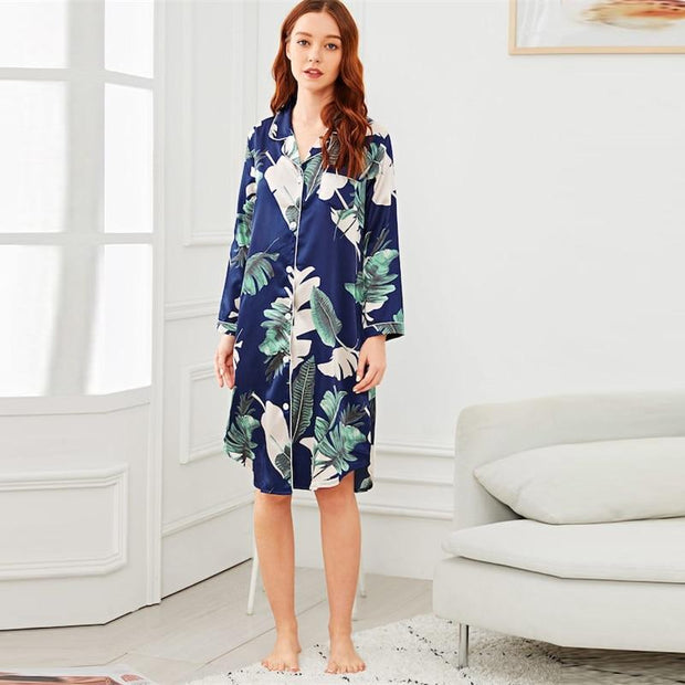 Tropical Print Button Up Night Dress