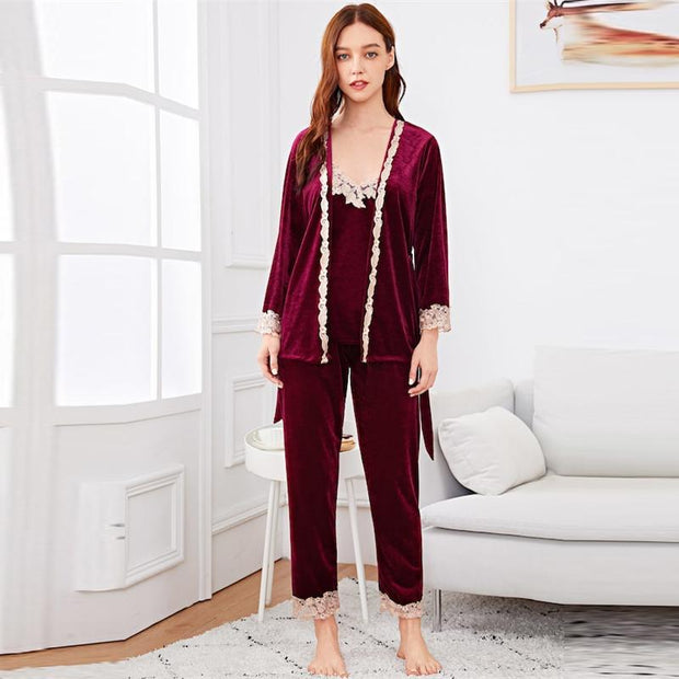 Contrast Lace Cami Belted Pajama Set