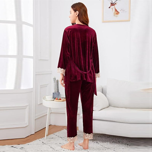 Contrast Lace Cami Belted Pajama Set