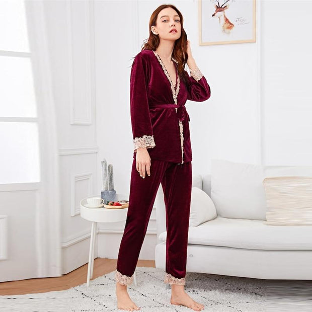 Contrast Lace Cami Belted Pajama Set