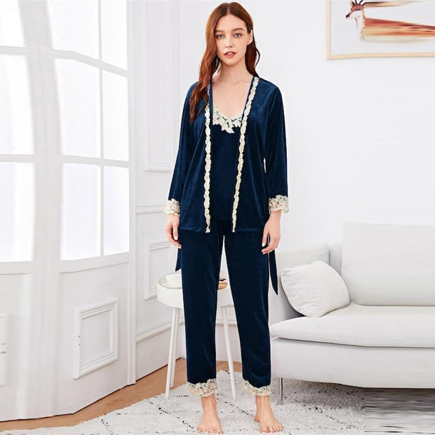 Contrast Lace Cami Belted Pajama Set