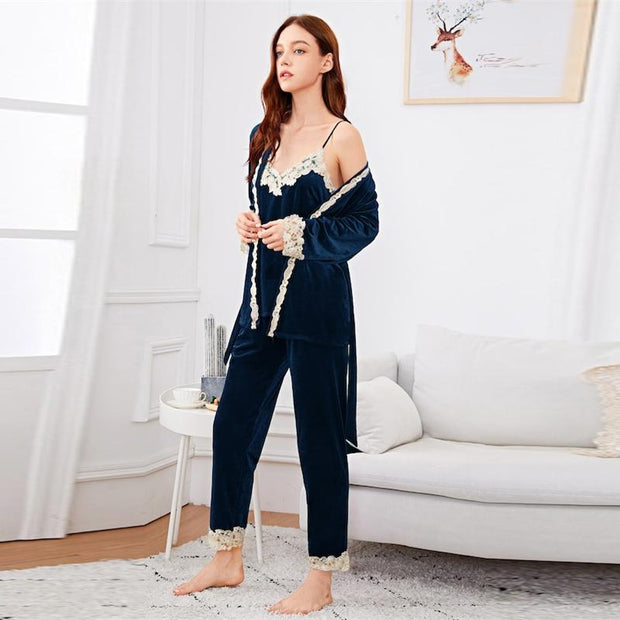 Contrast Lace Cami Belted Pajama Set