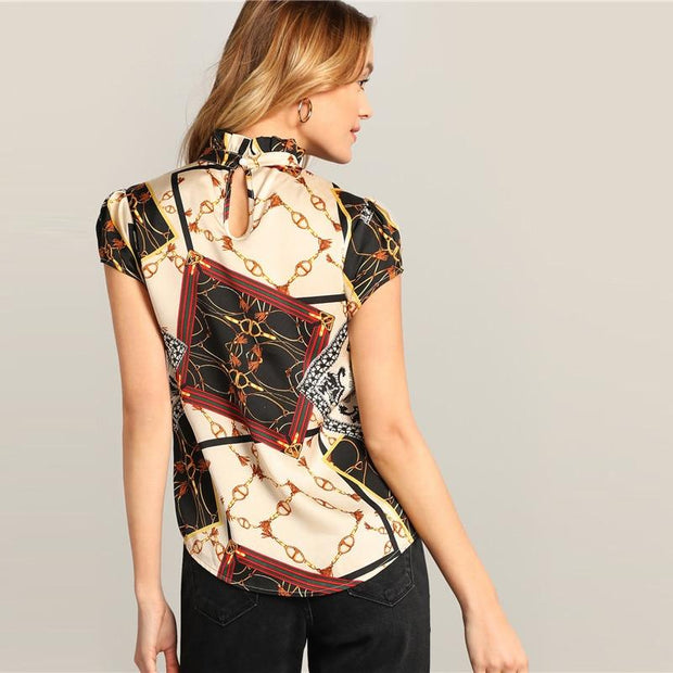Elegant Chain & Scarf Print Top