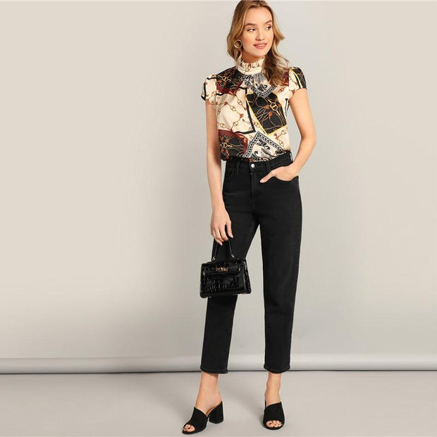 Elegant Chain & Scarf Print Top