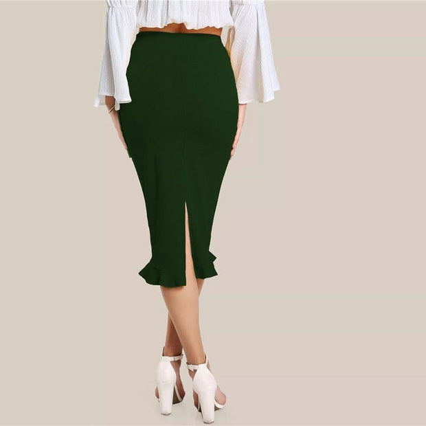 Split Ruffle Hem Slim Skirt
