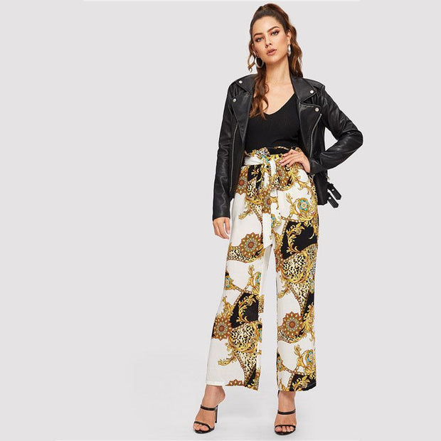 Scarf & Leopard Print Elegant Pants
