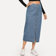 Slit Front Button Up Denim Skirt
