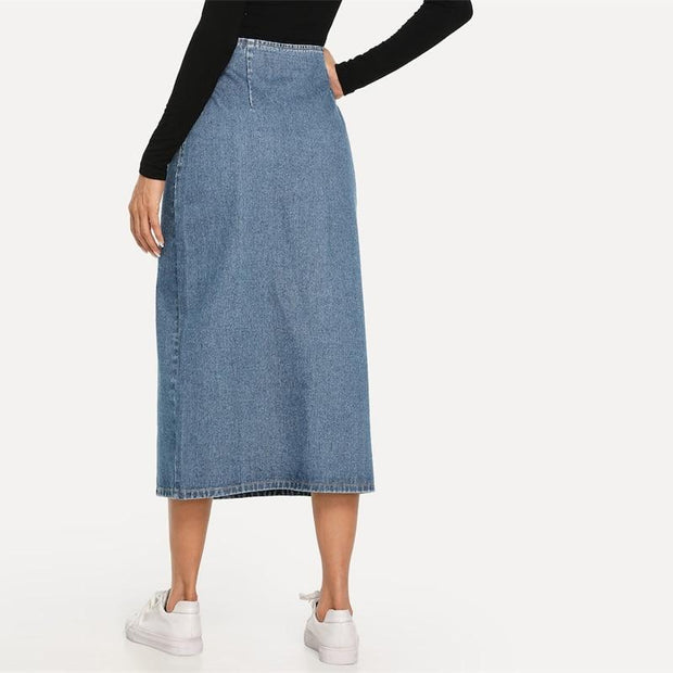 Slit Front Button Up Denim Skirt