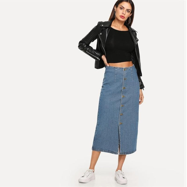 Slit Front Button Up Denim Skirt